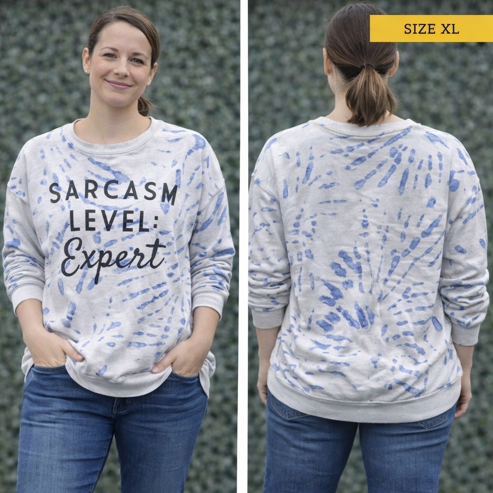 Sarcasm Level: Expert Blue Tie-Dye Crewneck Sweater XL